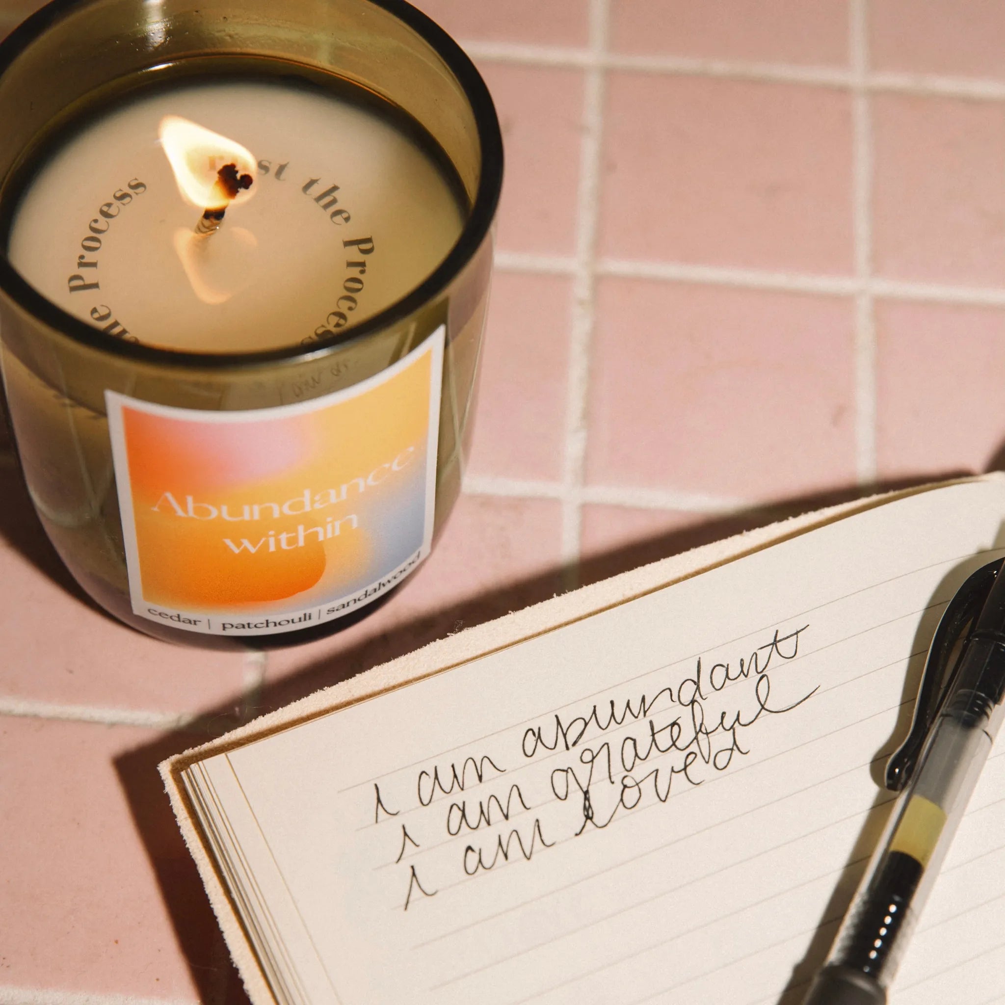 manifest abundance within candle woody candle, cedar candle, patchouli candle, sandalwood candle, unique gift idea, luxury candle, luxury non-toxic candle, coconut soy wax candle