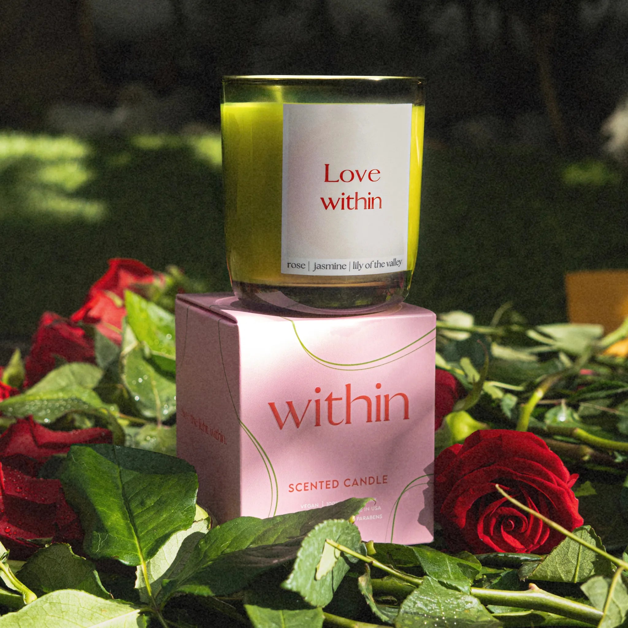 love within candle, rose candle, jasmine candle, lily of the valley candle, luxury floral candle, non-toxic candle, unique gift for her, i love you candle, i love you gift, within candles, pink candles, luxury candle, luxury non-toxic candle, coconut soy wax candle
